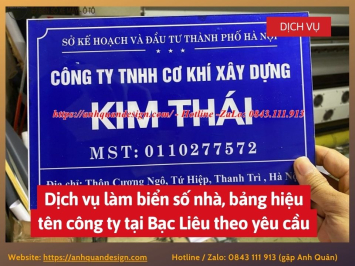 Dịch vụ làm biển số nhà, bảng hiệu tên công ty tại Bạc Liêu theo yêu cầu 0843111913