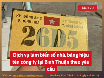 Dịch vụ làm biển số nhà, bảng hiệu tên công ty tại Bình Thuận theo yêu cầu 0843111913