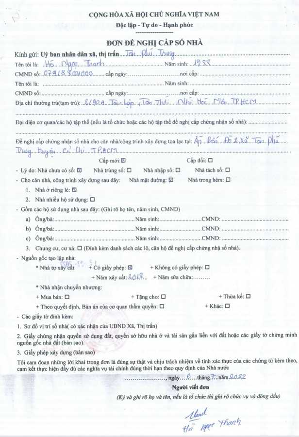 Mẫu đơn xin cấp biển số nhà