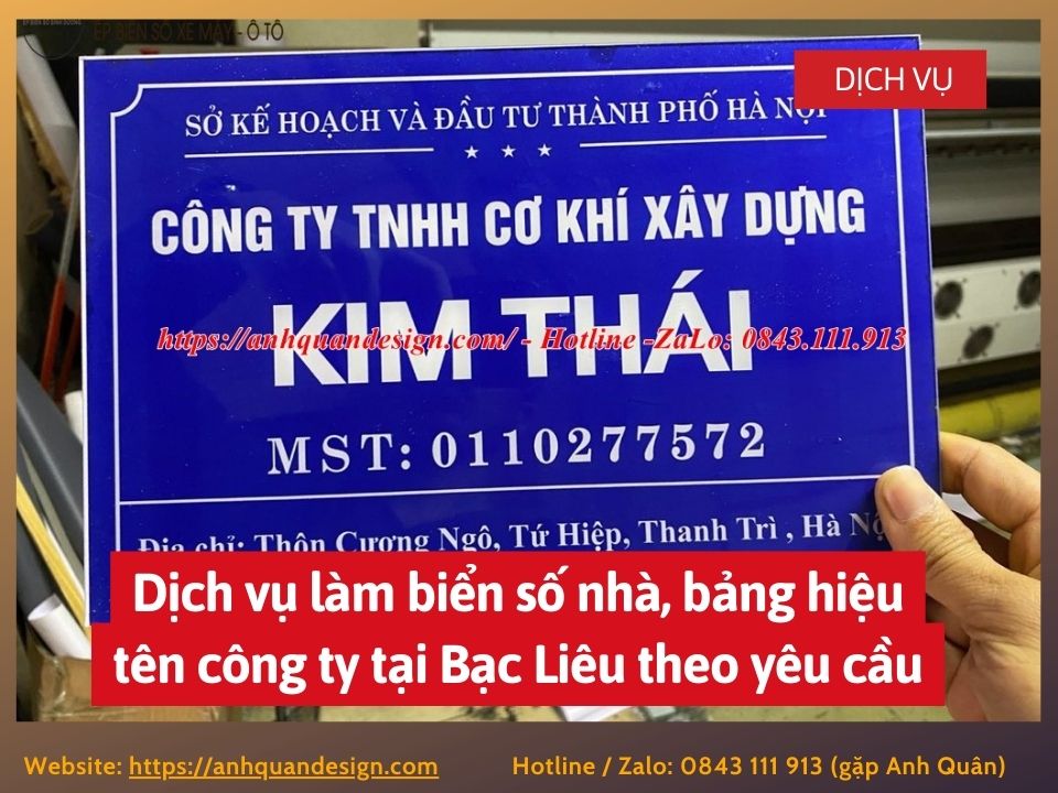 Dịch vụ làm biển số nhà, bảng hiệu tên công ty tại Bạc Liêu theo yêu cầu 